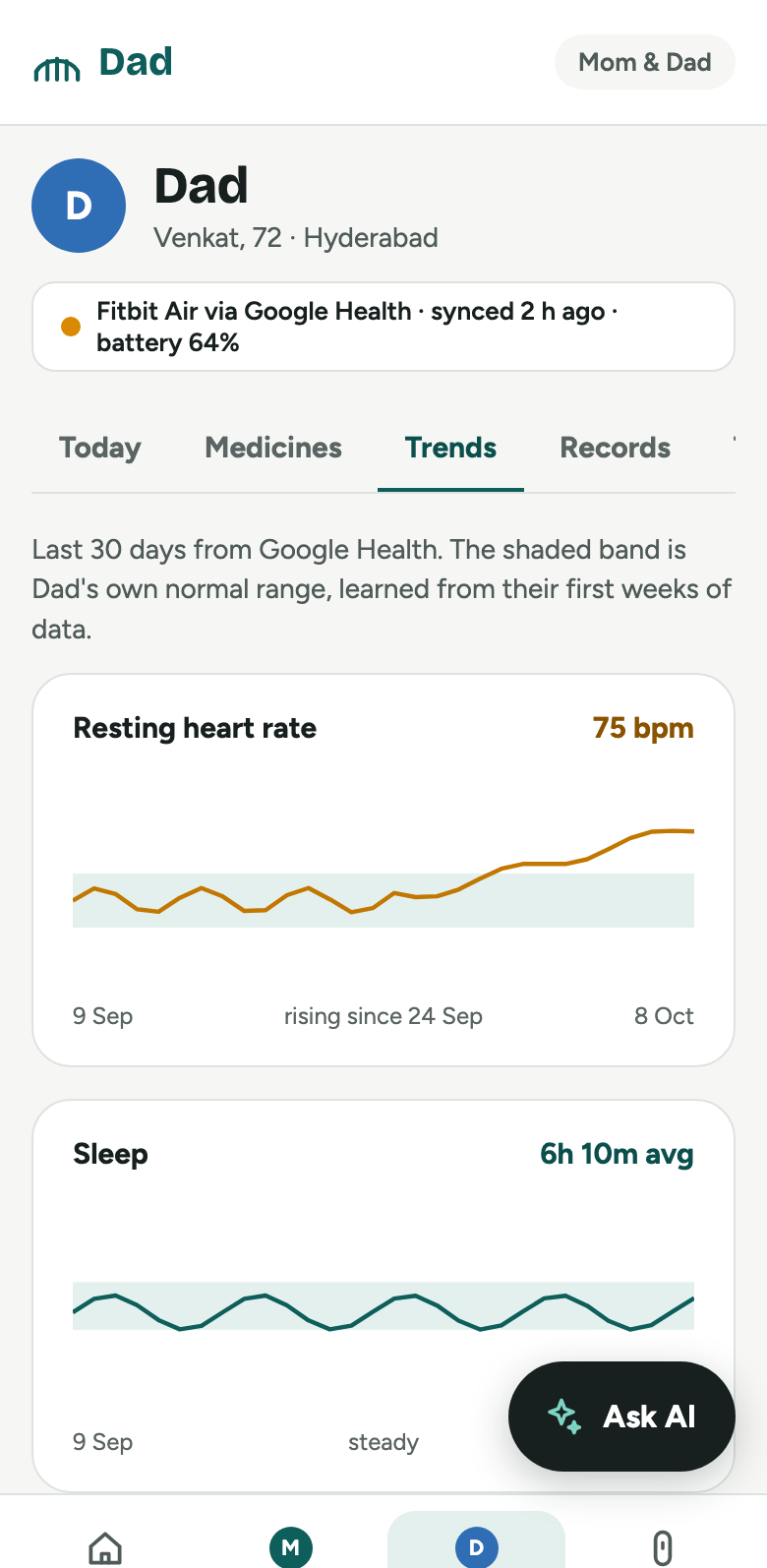 Dad's 30-day resting heart rate trend rising above his normal band